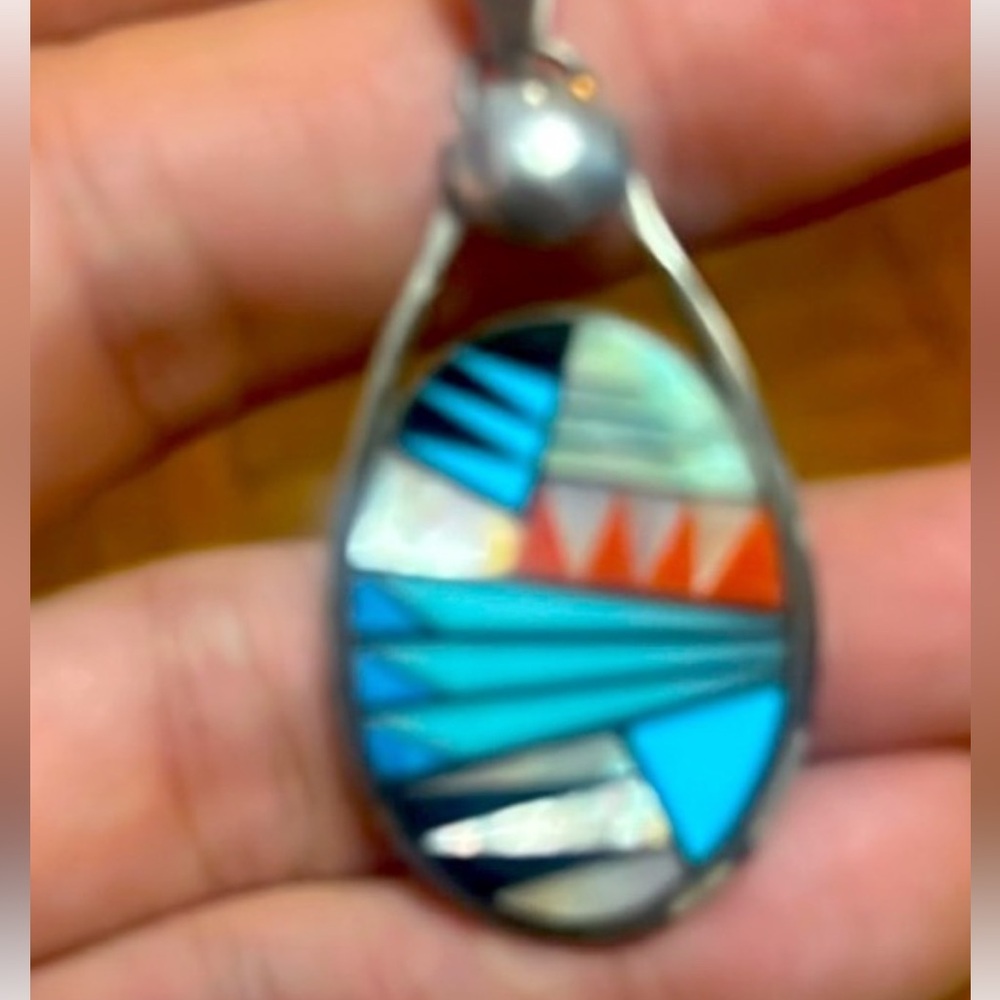 - Large Zuni Mosiac Overlay Pendant Sterling